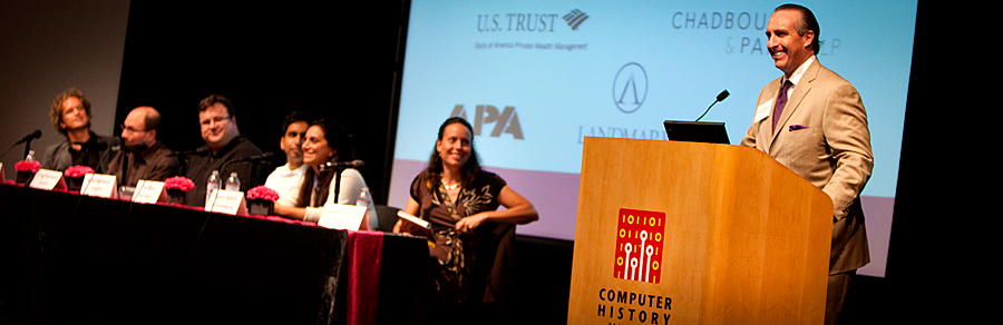 Panel discussion photo with Reid Hoffman, Craig Newmark, and others